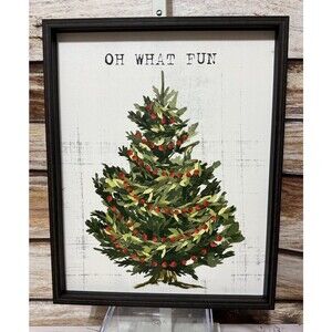 Christmas Tree Oh What Fun Wooden Framed Art 21”x16.5” Primitive Decor